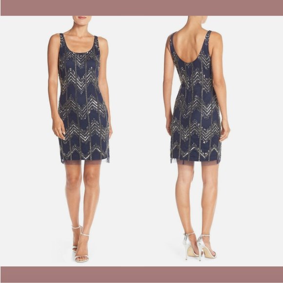 NEW $238 Adrianna Papell Chevron Beaded Mesh Tank Dress in Navy‎ [SZ 2 ] #Q429 - Picture 1 of 13